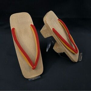 VINTAGE Traditional Japanese Geisha Wooden Sandals with Red and Orange Straps